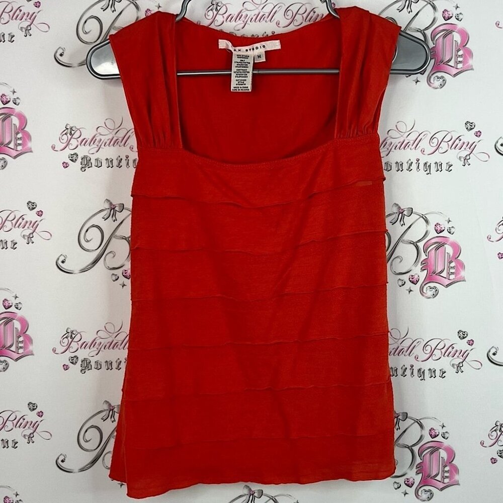 Max Studio tank top ruffle tiered square neck Vibrant Red Tank Top